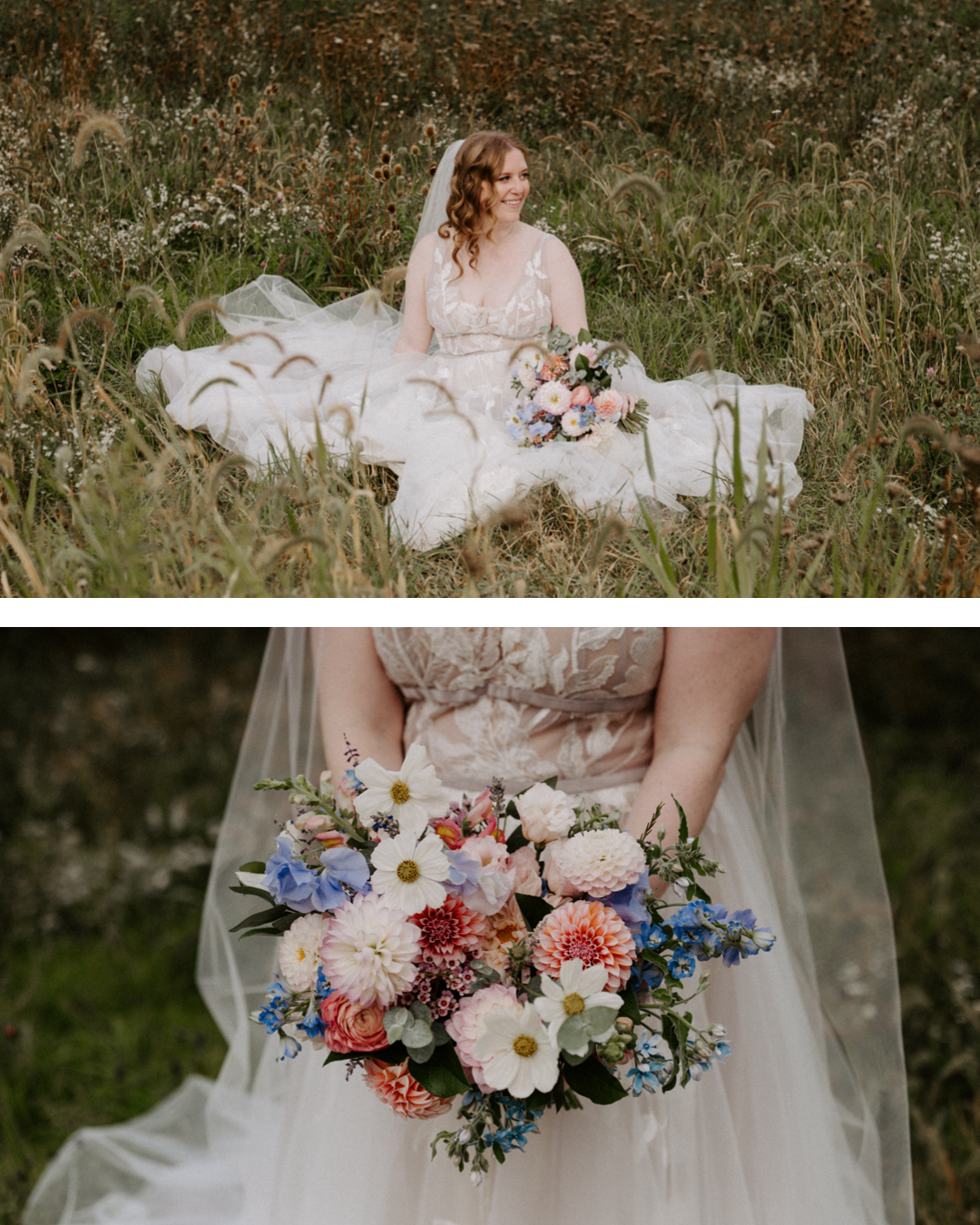 Bride sitting in a flower field on a perfect fall day at Jorgensen Farms in Westerville, Ohio, captured by Ashley Wallace Photography. Romantic outdoor wedding portrait in a vibrant, autumn setting.