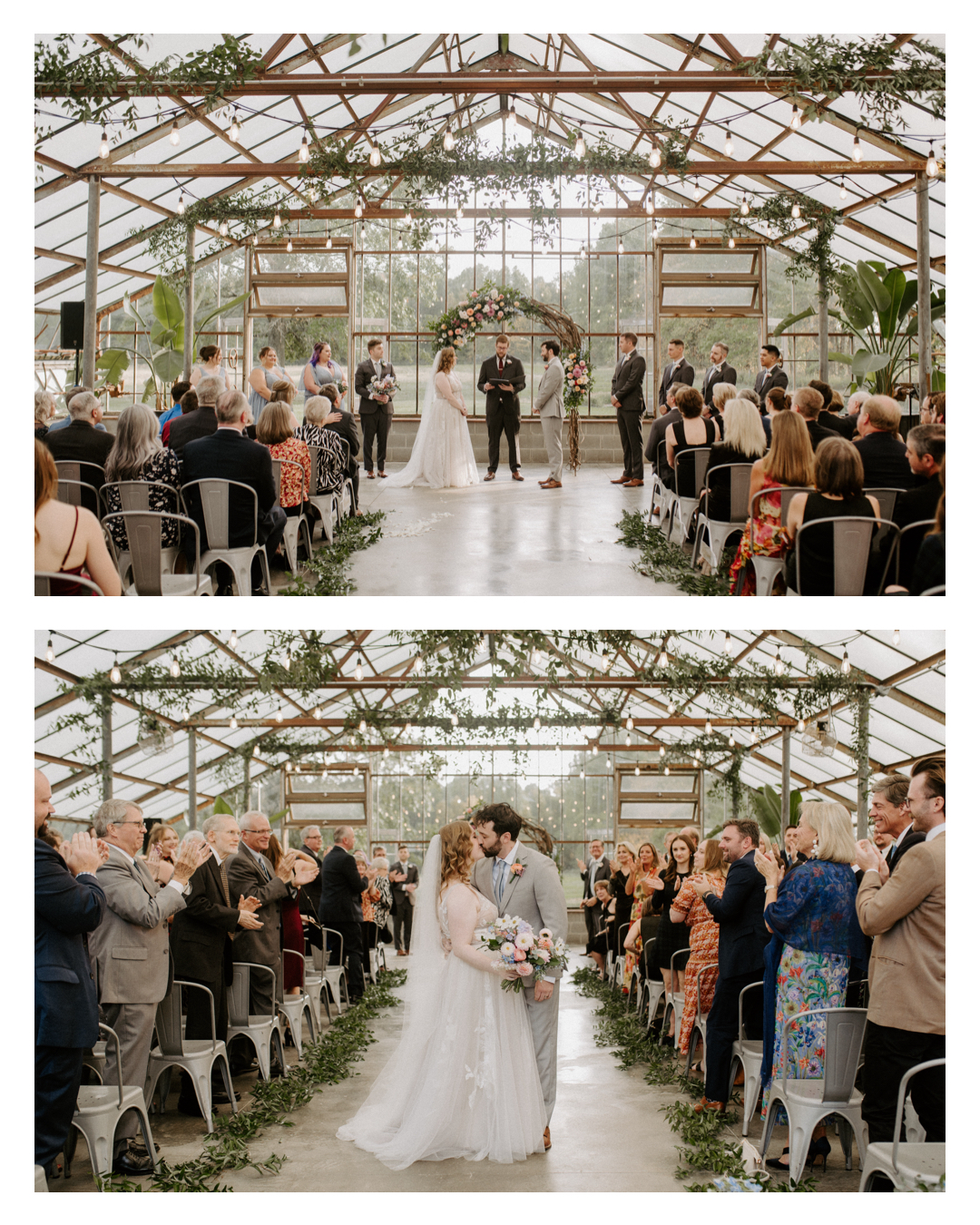 Bride and groom getting married in the naturally lit greenhouse at Jorgensen Farms in Westerville, Ohio, captured by Ashley Wallace Photography. Intimate wedding ceremony in a rustic, botanical setting with soft natural light.