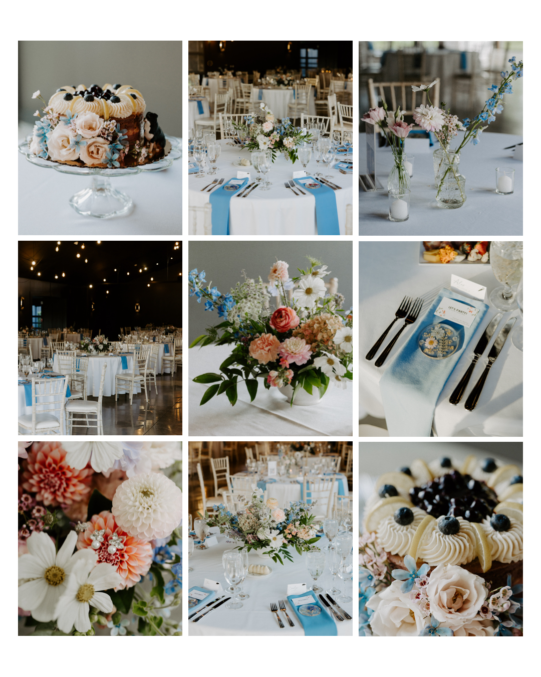 Floral details including wedding cake and table settings at Jorgensen Farms in Westerville, Ohio, captured by Ashley Wallace Photography. Elegant wedding decor featuring lush blooms and rustic table settings.
