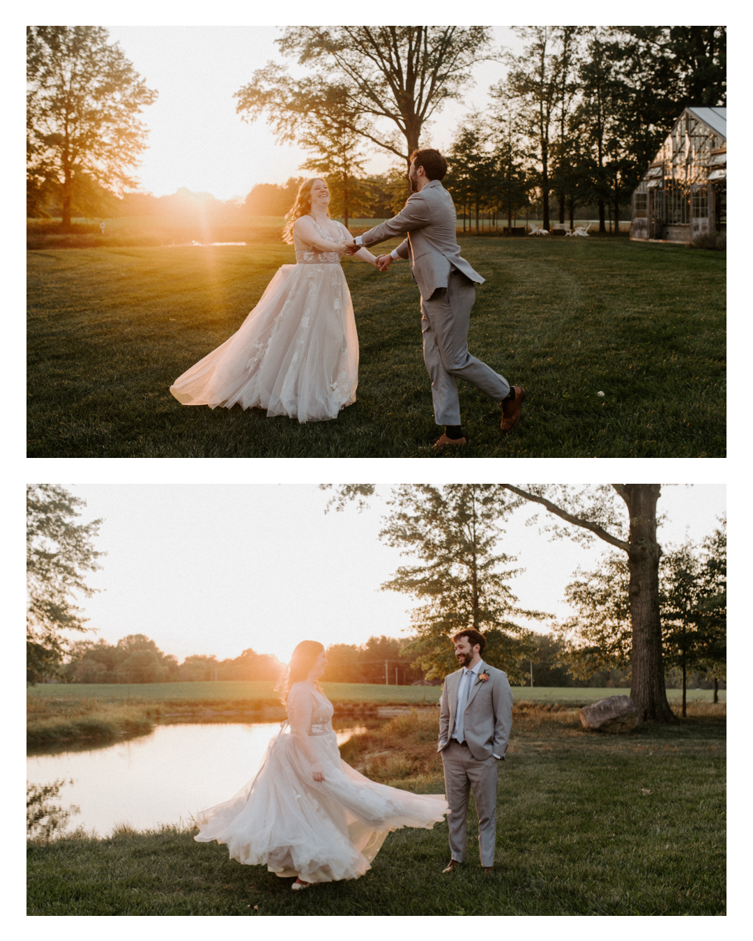 Romantic and free-spirited golden hour sunset shots at Jorgensen Farms in Westerville, Ohio, captured by Ashley Wallace Photography. Bride and groom enjoy a breathtaking sunset during their wedding day in a rustic, scenic venue.