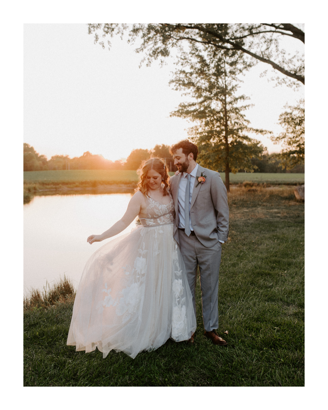 Romantic and free-spirited golden hour sunset shots at Jorgensen Farms in Westerville, Ohio, captured by Ashley Wallace Photography. Bride and groom enjoy a breathtaking sunset during their wedding day in a rustic, scenic venue.