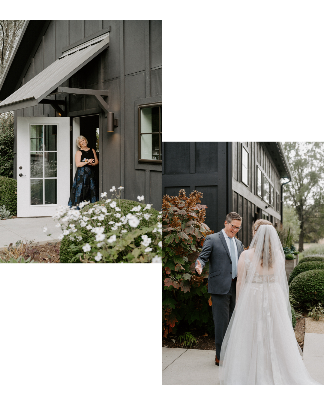 Emotional moment as the mother and father of the bride see their daughter in her wedding dress for the first time at Jorgensen Farms in Westerville, Ohio, captured by Ashley Wallace Photography. Heartfelt reaction in a rustic wedding venue.