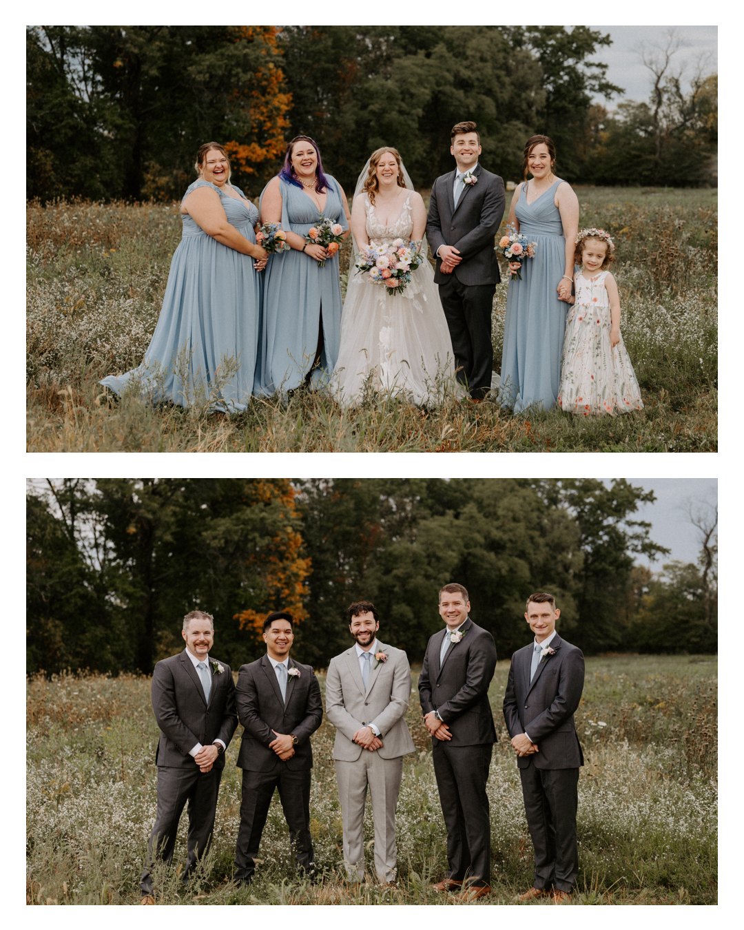 Bridal party posing in a vibrant flower field at Jorgensen Farms in Westerville, Ohio, captured by Ashley Wallace Photography. Beautiful outdoor wedding party portrait in a rustic, botanical setting.