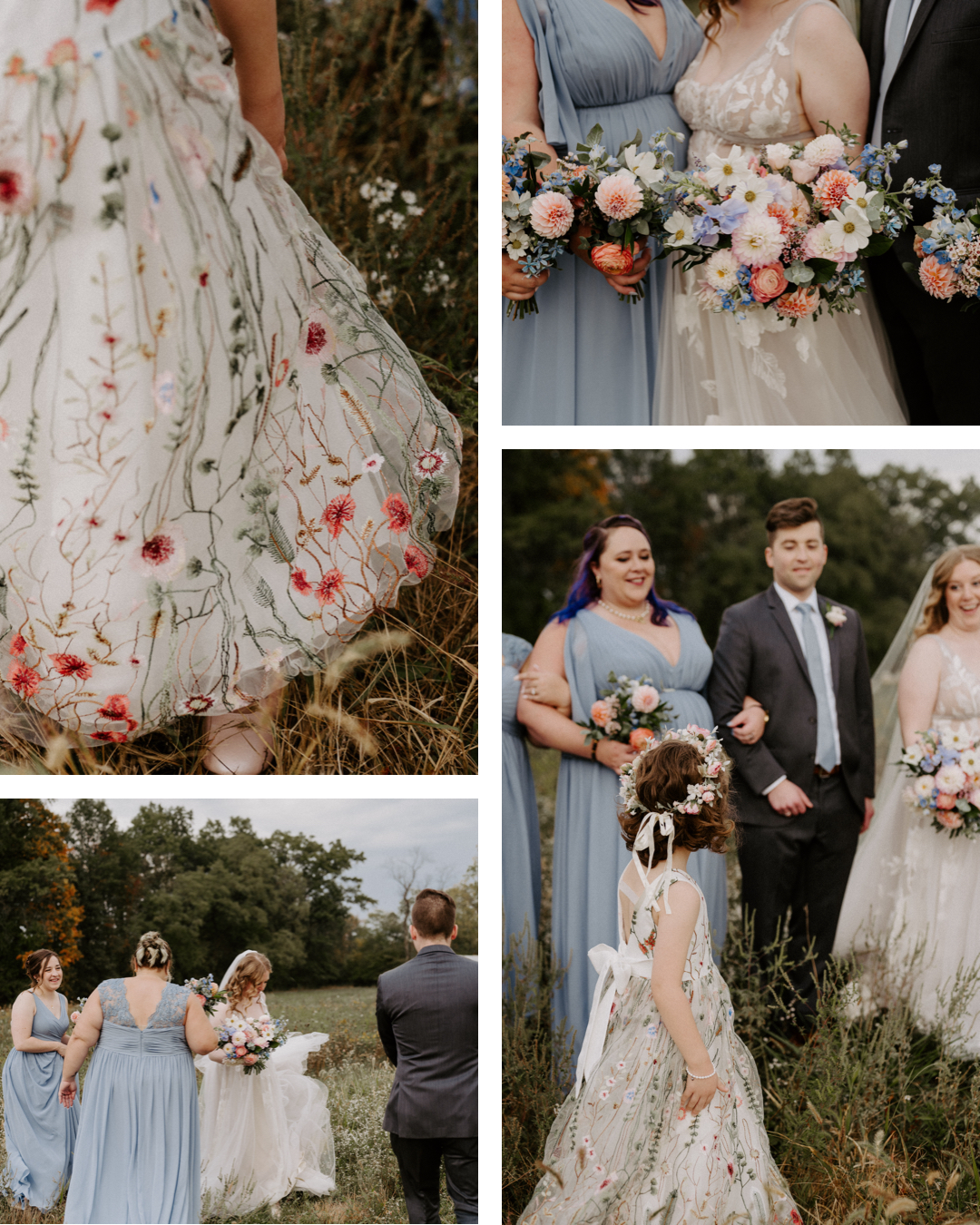 Bridal party posing in a vibrant flower field at Jorgensen Farms in Westerville, Ohio, captured by Ashley Wallace Photography. Beautiful outdoor wedding party portrait in a rustic, botanical setting.