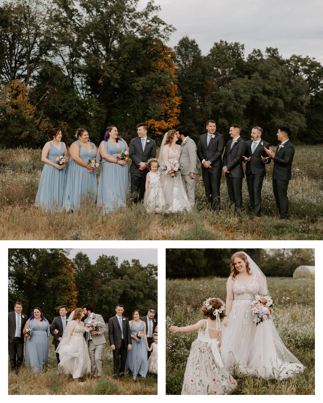 Bridal party posing in a vibrant flower field at Jorgensen Farms in Westerville, Ohio, captured by Ashley Wallace Photography. Beautiful outdoor wedding party portrait in a rustic, botanical setting.